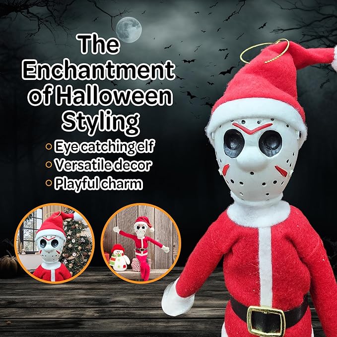 Creepy Hockey Masked Horror Elf Decoration 35cm – Handmade Horror-Inspired Ornament for Christmas, Halloween & Holiday Party Décor – Spooky Collectible with Sinister Expression