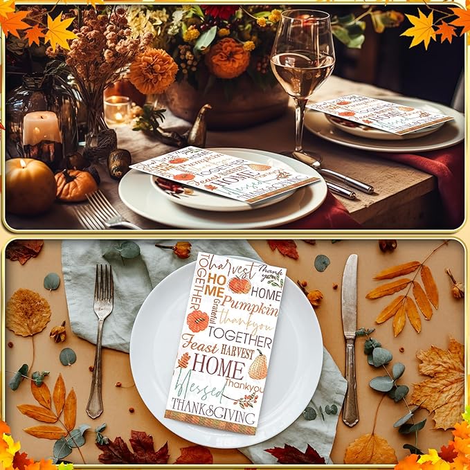 100pcs Fall Paper Napkins,Disposable Thanksgiving Guest Napkins Pumpkin Paper Hand Towels for Autumn Harvest Thanks Theme Party Table Home Kitchen Bathroom Decorations,7.9 * 4.3inch