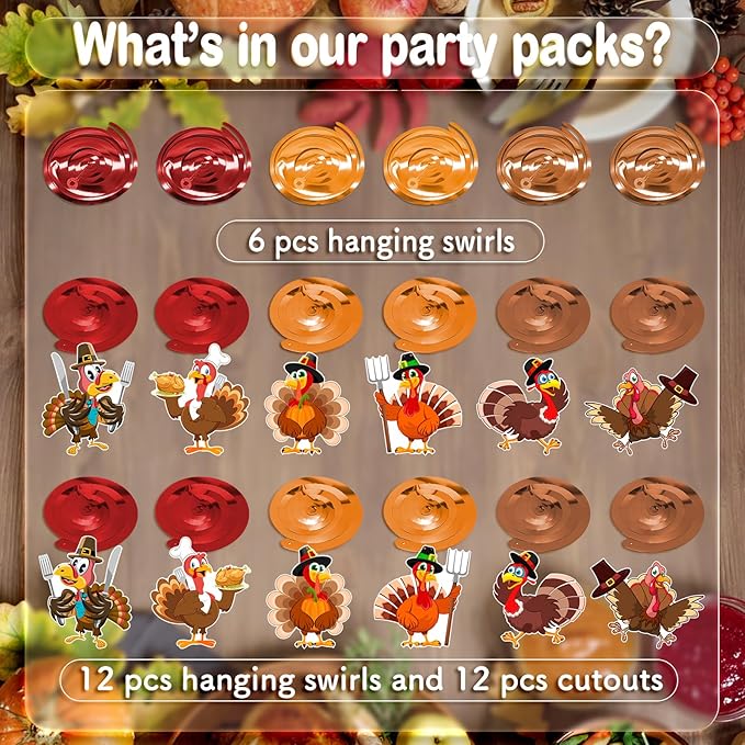 30Pcs Thanksgiving Turkey Hanging Swirls, Thanksgiving Decorations Hanging Swirl Turkey Ceiling Swirls Streamers for Classroom Friendsgiving Party Supplies