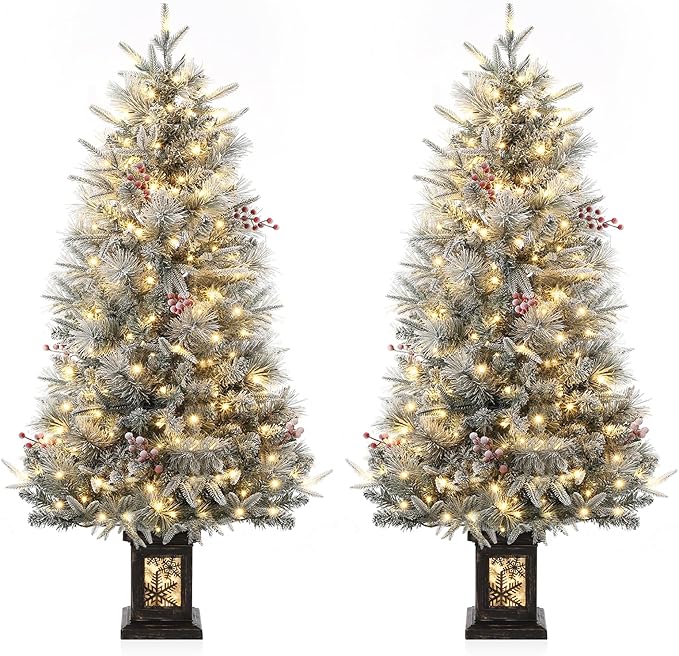 GarveeHome 4.5ft Prelit Christmas Trees with 200 Warm Lights & 20 Clusters Red Berry, Artificial Potted Xmas Tree with 8 Light-Modes, Snowflake Base, Holiday Decor, 2 PCS