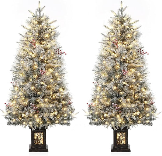 GarveeHome 4.5ft Prelit Christmas Trees with 200 Warm Lights & 20 Clusters Red Berry, Artificial Potted Xmas Tree with 8 Light-Modes, Snowflake Base, Holiday Decor, 2 PCS