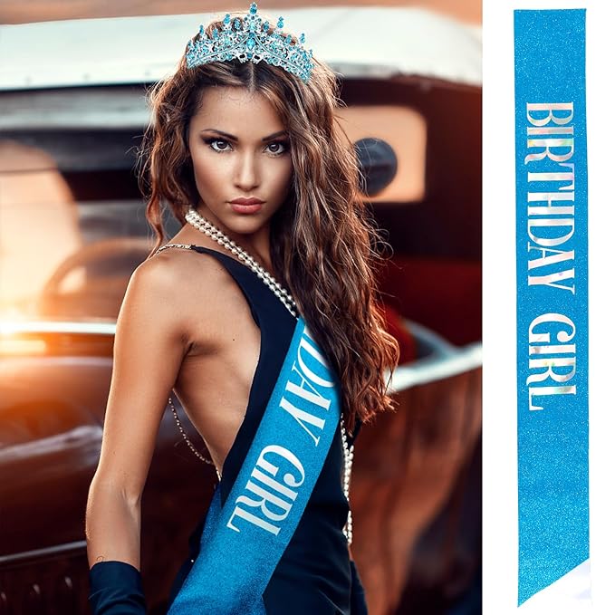 Velscrun Blue Crystal Birthday Tiara Crowns for Women Girls Elegant Princess Crown with Combs Birthday Girl Headband Sash Happy Birth Party Decorations Birth Gift Cake Topper Hair Accessories