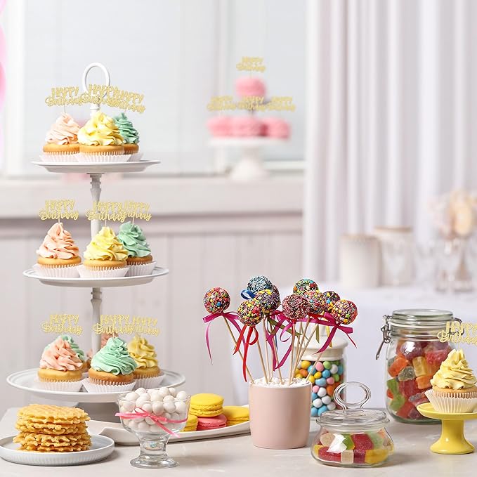 Gyufise 24 Pcs Happy Birthday Cupcake Toppers - Gold Glitter Celebrating Cake Picks - Baby Shower & Kids Party Decoration Supplies