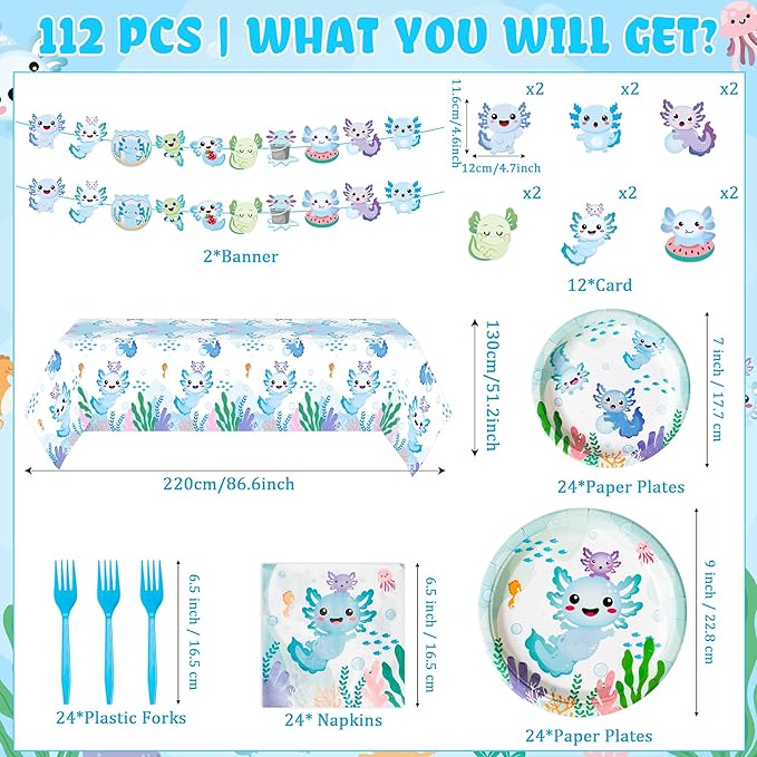 Blue Axolotl Party Decoration - Serves 24 - 112Pcs Cute Cartoon Axolotl Party Supplies, Animals Disposable Plate Napkin Forks Tablecloth Banner Card, for Kids Boy Birthday Baby Shower