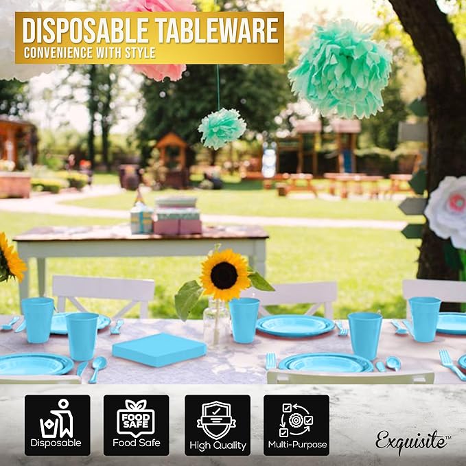 Party Solids 350 Pieces Light Blue Plastic Plates For Party, Light Blue Disposable Plates Set, 50 Of Each 9" Dinner Plate Set, 7" Dessert Plate, Cups, Napkins & Cutlery Plastic Dinnerware