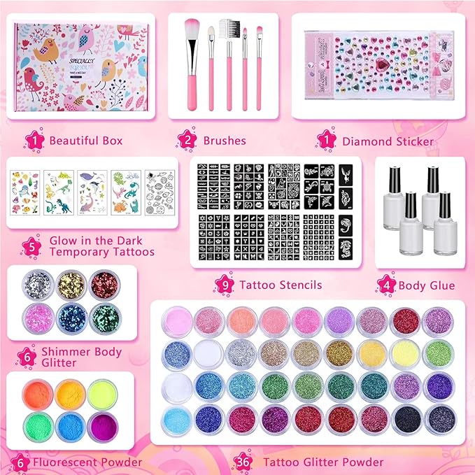 Temporary Glitter Tattoos Kit Kids, 48 Colors Powder with 209 Temporary Tattoo Stencils and 5 Luminous Tattoo Stickers, Body Nail Arts and Craft Glitter Make Up Kit, Gifts for Girl Boy Party