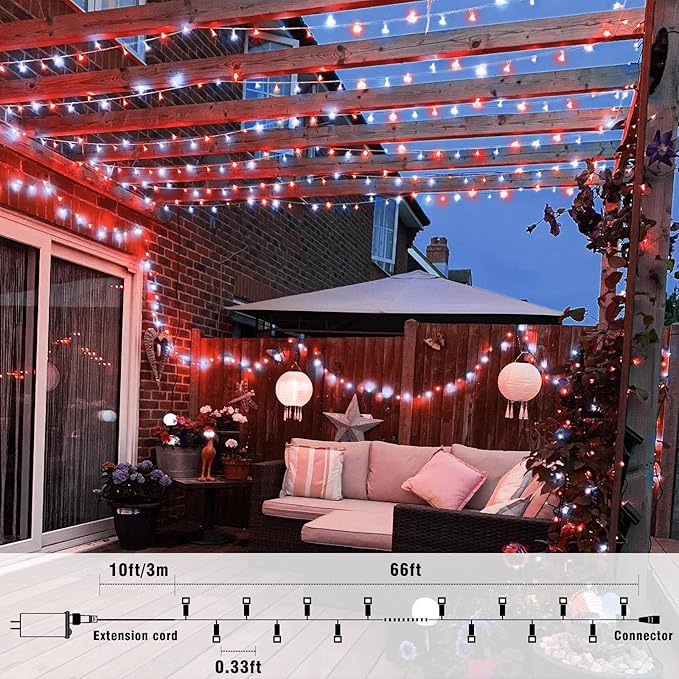 66FT 200 LED Christmas Lights Outdoor, Plug in Christmas String Lights Indoor, Waterproof & 8 Modes & Timer Function, Connectable Fairy Twinkle Light for Tree Garden Xmas Decor, Red White
