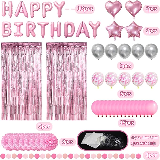 ZERODECO Pink Birthday Party Decorations, Happy Birthday Banner Pompoms Balloons Pink Fringe Curtain Party Décor for Baby Girls Women Party
