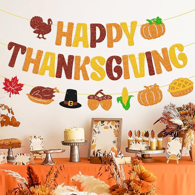 Happy Thanksgiving Banner Thanksgiving Day Garland Fall Maple Leaves Autumn Pumpkin Pie Turkey Harvest Theme Banner Thanks Giving Party Decorations