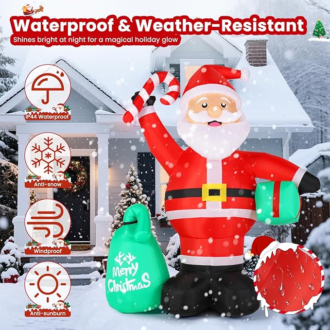 Christmas Decorations, 4.2FT Inflatable Santa Claus with Candy Cane and Gift Bag, Built-in LED Light and Blow Up Xmas Holiday Decor for Garden Lawn Yard Bistro Outdoor and Indoor