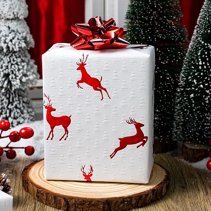 Garbendy Christmas Wrapping Paper Roll- 17 Inch X 32.8 Feet - Embossing 3D Trees Printed in White with Red Foil Reindeer Design for Christmas, Birthday, Baby Shower, Bridal Shower, Party