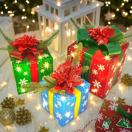 3 Pcs Christmas Lighted Gift Boxes with Bow 60 LED Battery Operated Pre-lit Present Box Decorations for Xmas Holiday Home Outdoor Yard