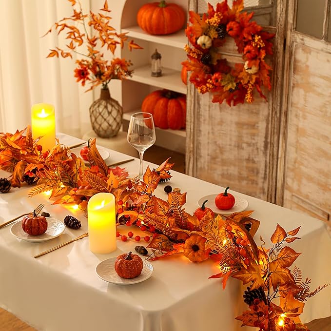 6ft Fall Maple Leaves Garland with Fern, Willow Stems, Berry, Pumpkins, pinecones. Artificial Autumn Harvest Garland for Festivals, Thanksgiving, Halloween, Fireplace Porch Indoor Outdoor Decoration