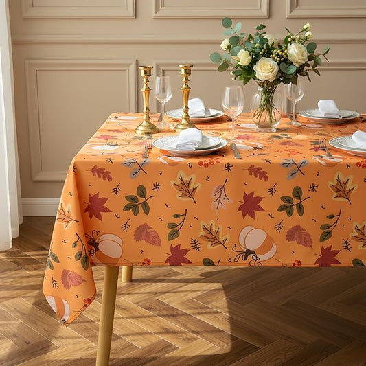 Thanksgiving Waterproof Tablecloth – Fall Harvest Pumpkins, Maple Leaves & Berries Print – Autumn Rectangle Table Cover for Dining or Party, Brown, W60 x L120 in