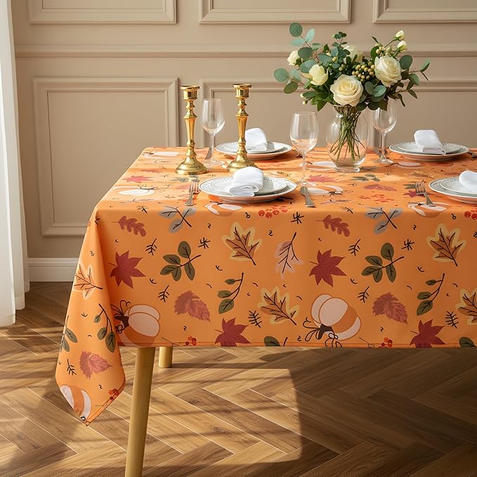 Thanksgiving Waterproof Tablecloth – Fall Harvest Pumpkins, Maple Leaves & Berries Print – Autumn Rectangle Table Cover for Dining or Party, Brown, W52 x L70 in