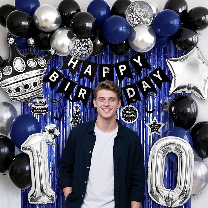 10th Birthday Decorations for Boys and Girls, Black Blue Silver Happy Birthday Number 10 Balloons, Banner, Fringe Curtains Garland Kit - 10 Year Old Party Supplies
