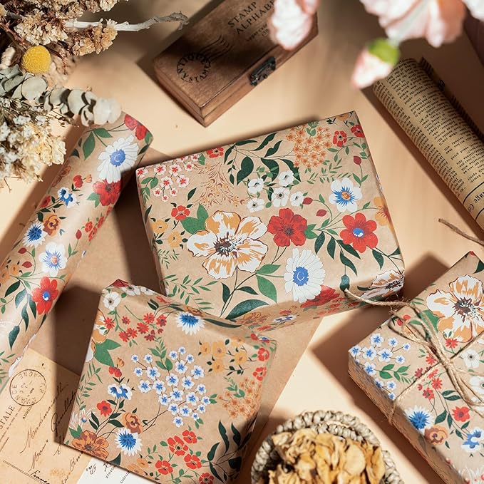 WRAPAHOLIC Kraft Floral Wrapping Paper Roll - Mini Roll - 17 Inch x 33 Feet - All Occasion Flower for Wedding Bridal Shower Birthday