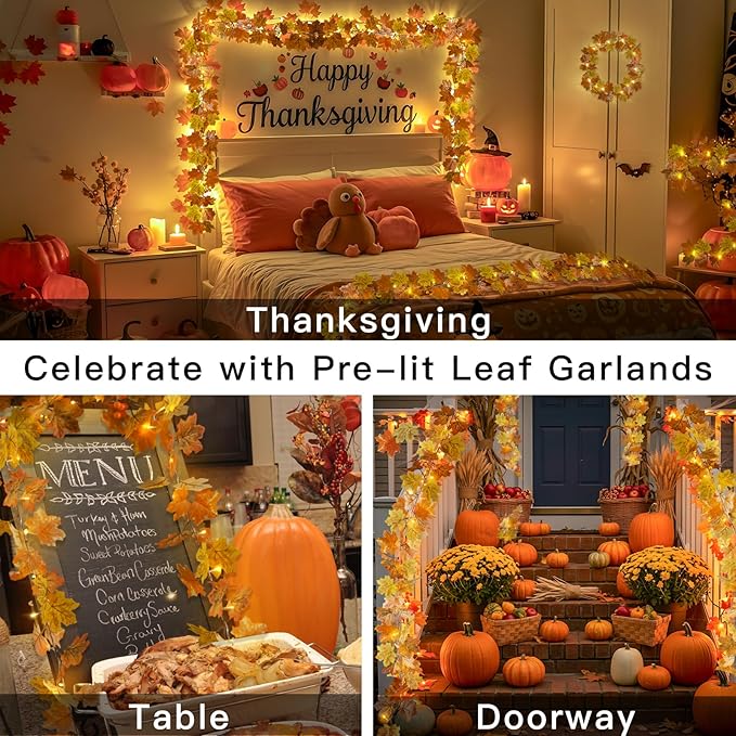 suddus Fall Leaves Garland with Lights, 20LED Battery Operated Fall Lights with Timer, Thanksgiving Decoration for Home, Table, Mantle, Office, Outdoor, Autumn, Halloween, Yellow
