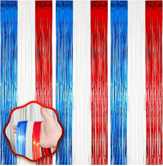 3 Pack 3.3 x 8.2 ft Red White and Blue Foil Fringe Backdrop Curtains, Tinsel Streamers Party Decorations, Fringe Backdrop for Patriotic, Memorial Day, 4th of July, Independence Day