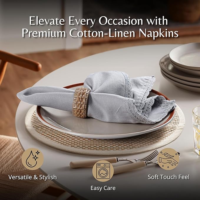 Ramanta Home Linen Flax Cloth Napkins Set of 4 |18x18 Inch | Premium Cotton Linen Flax Lace Soft & Durable | Washable Ideal for Everyday Use Parties Thanksgiving Christmas Halloween Grey