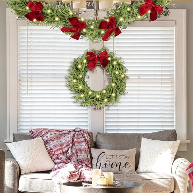 6ft Christmas Garland with Lights,Lighted Norfolk Pine Garland for Mantle,Prelit Real Touch Artificial Green Christmas Winter Garland with Large Burgundy Velvet Bow for Indoor Outdoor Decor