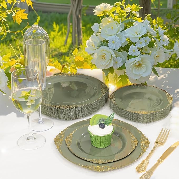 125PCS Olive Green Plastic Plates - Green and Gold Disposable Plates - Vintage Plate with Gold Plastic Silverware Sets for 25 Guests for Christmas & Party