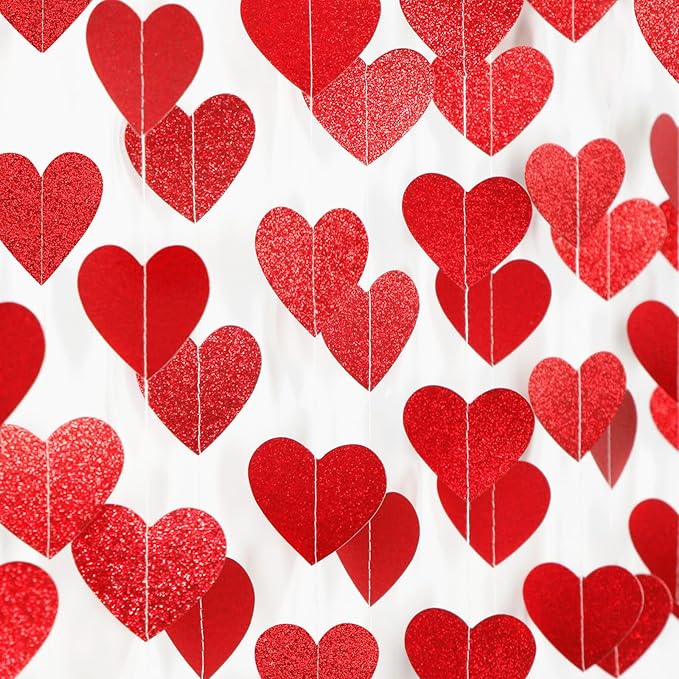 Red Heart Romantic Party-Decorations Garland - 62FT Glitter Special Night Galentines Hanging Streamers Banner, Girl Wedding Anniversary Baby Bridal Shower Birthday Decor Supplies Hugtmr