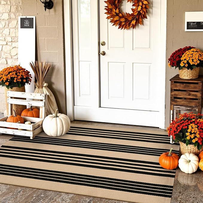 KIMODE Fall Outdoor Rug Decor 27.5"x43", Black and Khaki Striped Front Porch Rugs,Reversible Washable Front Door Mats,Hand Woven Welcome Layered Doormat Entryway Rug for Entrance Doorway