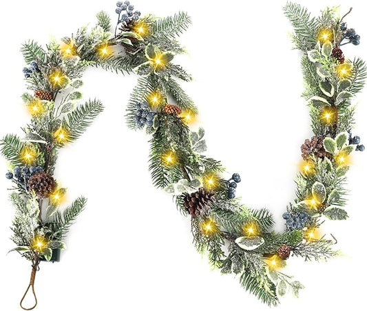 Artgar 6 Ft Christmas Garland, Pre-Lit Christmas Garland - Artificial Garland Christmas Decorations with 30 LED Lights Decorated with Pinecones, Berries for Mantels Dining Tables Porch Decor (Blue)