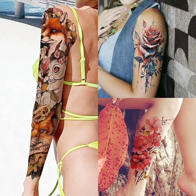 20 Sheets Sexy Rose Flower Full Arm Temporary Tattoos For Women Girl, Large Peony Lotus Florals Wolf Lion Tiger Fox Skull Fake Sleeve Tattoo For Adults, Watercolor Skull Halloween Tattoo Stickers