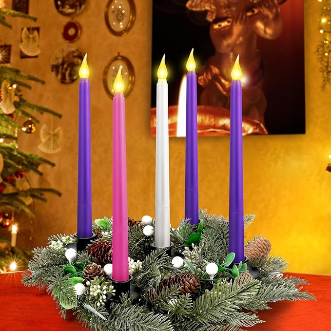 Tioncy 12 Inch Christmas Advent Wreath Candle Holder with 5 Flameless Candles Remote Control Wreaths Holder Centerpiece Decoration with Berries (White Berries,11 x 0.8 x 0.8 in)