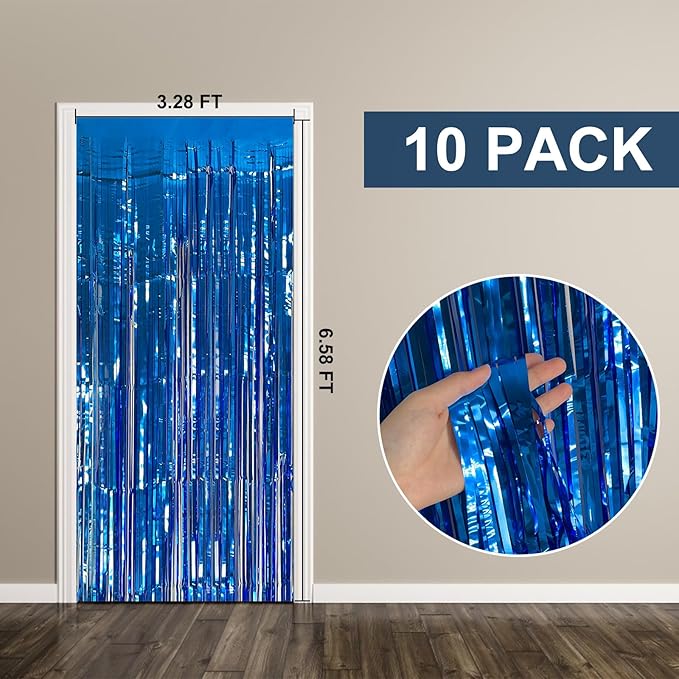 10 Pack Foil Curtain Backdrop Blue Metallic Tinsel Foil Fringe Curtains Photo Booth Props for Birthday Wedding Engagement Baby Shower Bachelorette Christmas Holiday Celebration Party Decorations