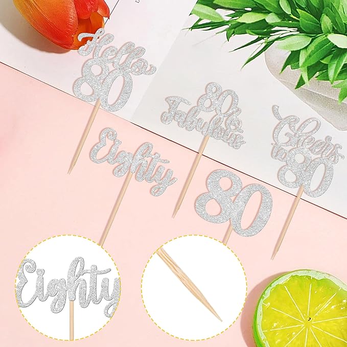 30PCS Happy 80th Birthday Cupcake Toppers Glitter Eighty Cheers to 80 Years Old Birthday Cupcake Picks Hello 80 Fabulous Cake Decorations for Happy 80th Birthday Anniversary Party Supplies Silver
