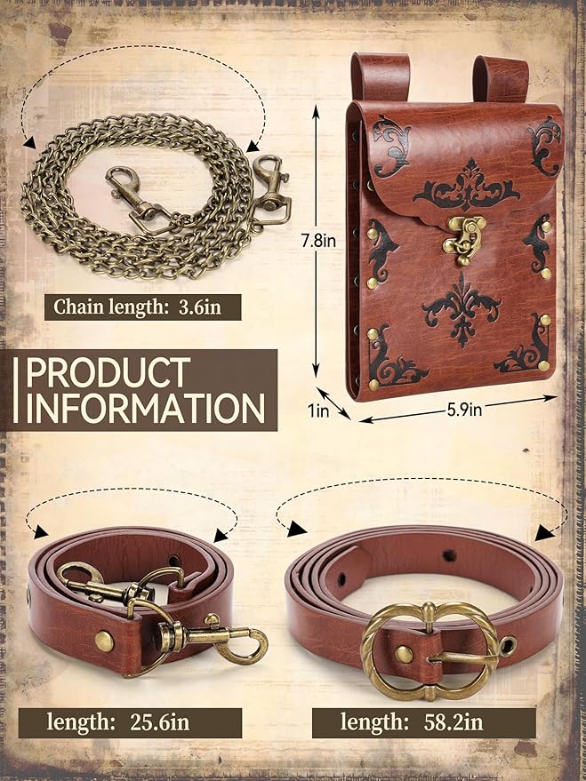 Ultrafun 3pcs Renaissance Belt Accessories Faux Leather Medieval Viking Chain Belt Bag Skirt Hike Ren Faire Costume