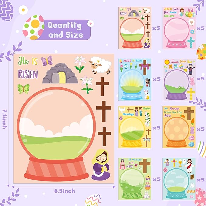 CY2SIDE Easter Face Sticker Sheets - 40PCS Make Your Own Jesus Faith Crystal Ball Craft Game for Kids Classroom Rewards DIY Religious Resurrection Bible Cross Party Favors for Sunday School Project