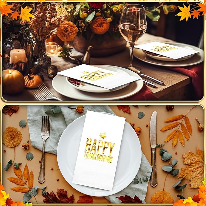 100pcs Thanksgiving Cocktail Napkins,Disposable Napkins with Happy Thanksgiving Gold Foiled,Fall Dinner Guest Paper Hand Towels for Autumn Harvest Thanks Theme Party Decorations,7.9 * 4.3inch