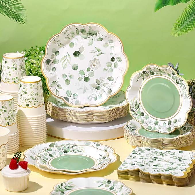 250 Pcs Sage Green Color Party Decorations Eucalyptus Greenery Plates Cups and Napkins Paper Baby Shower Bridal Shower Party Tableware Set for Wedding Birthday Jungle Decorations, Serves 50