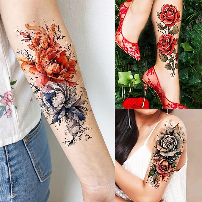 69 Sheets Watercolor 3D Rose Flowers Temporary Tattoos For Women Girls Adults, Realistic Peony Florals Fake Tattoo Stickers Dreamcatcher, Colorful Bulk Half Arm Sleeve Tattoo Butterfly Tiger