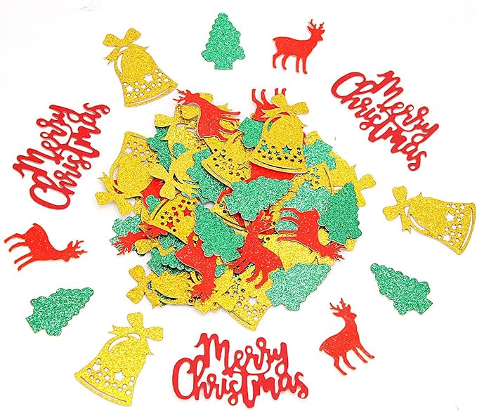VHUWE Christmas Confetti, 200 Pcs Glitter Gold Bell Red Elk Green Tree Red MerryChristmas for Christmas Table Centerpiece Decorations Birthday Winter Holiday Party Décor - Glitter Paper