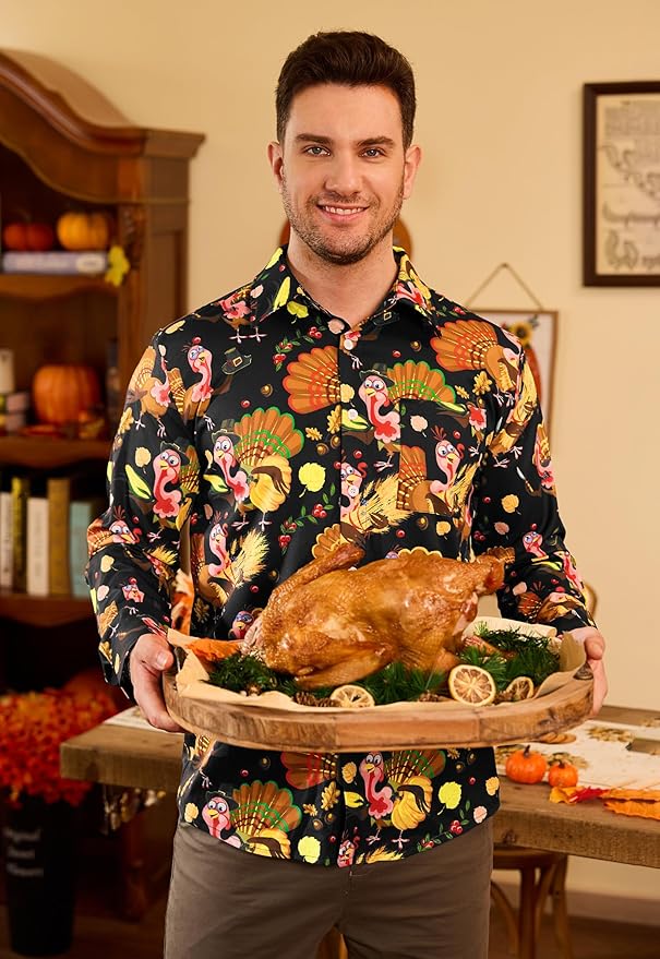 Arvilhill Men's Thanksgiving Long Sleeve Shirt Turkey Pattern Button Down Shirts Family Gathering Fall Festival Wear (S-3XL)