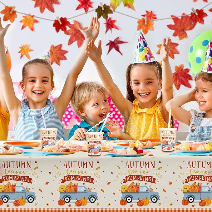 Fall Theme Party Supplies Kit, Serves 25: Complete Autumn Harvest Disposable Dinnerware Set - Includes Dinner & Plates, Napkins, Cups & Tablecloth. Thanksgiving/Autumn Party Decorations.