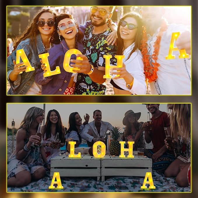 5 Pcs Hawaiian Luau Party Decorations Aloha Light up Sign Aloha LED Marquee Letter for Party Decorations Battery Powered Tropical Alphabet Letter Summer LED Lights for Wedding Night Birthday