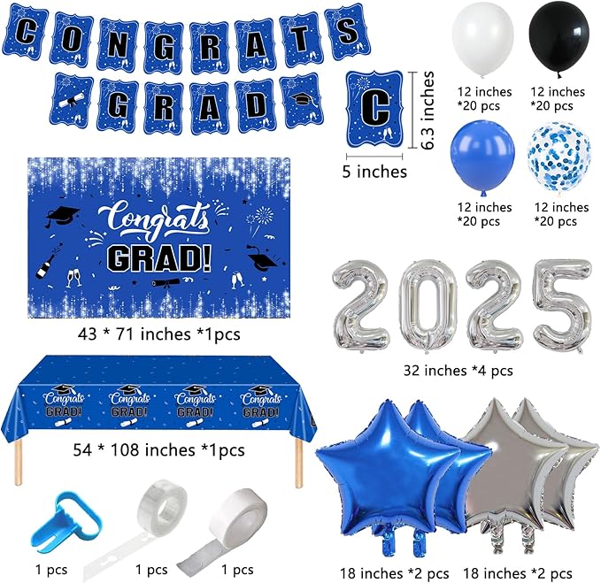 2025 Graduation Party Decorations, 195PCS Class of 2025 Decorations Include Congrats Grad Banner, Backdrop, Tablecloth,Ballons,Graduation Paper Plates,Cups and Napkins