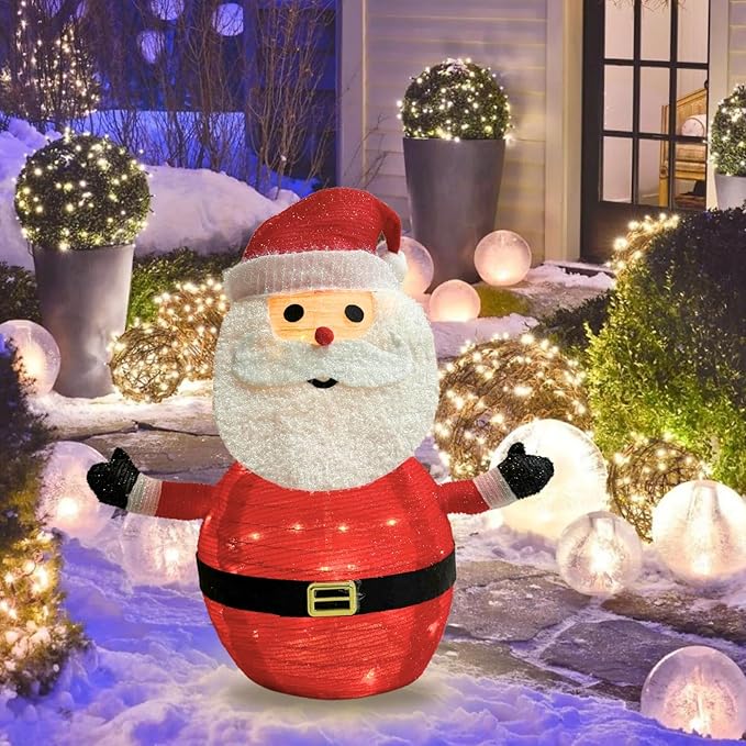 Lighted Pop-UP Christams Santa Claus Decorations, 27 Inch Santa with 45 LED Lights, Battery Powered Collapsible Pre-lit Santa for Indoor Outdoor Christmas Decorations Garden Yard Xmas Decor, Timer