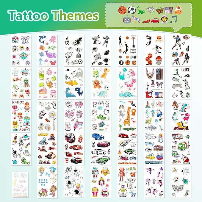 350+ Kids Themed Designs Temporary Tattoos for Boys - Individually Wrapped, Glow in the Dark, Waterproof Fake Tattoos - Multiple Themes: Dinosaur, Animal, Truck, Ocean, Baseball, Soccer, Sports, Car