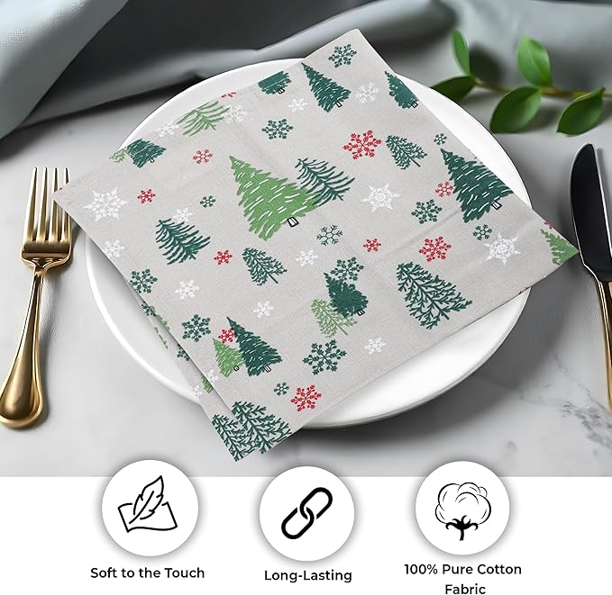 Urban Villa Christmas Cloth Napkins Green Trees Print Set of 12 100% Cotton Absorbent Dinner Napkins (20X20 Inches)Over Sized Soft Durable Reusable Washable Ideal for Home Wedding Parties Everyday use