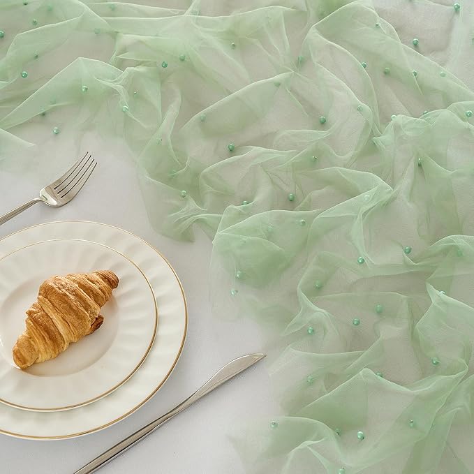 Fanami 1 Pack Pearl Table Runner -10FT Sage Green Boho Tulle Table Runners 120 Inches Long Rustic Sheer Lace Fabric Centerpieces for Wedding Arch Birthday Party Bridal Veil Baby Shower Decorations