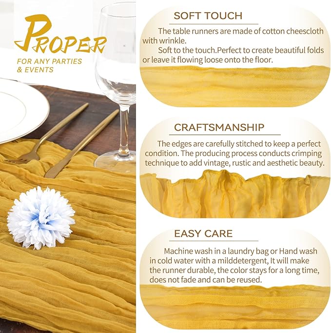 5 Packs Cheesecloth Table Runner Mustard Yellow, 10Ft x 35" Yellow Rustic Gauze Boho Wedding Table Runner Decoration, Wedding Table Decor Table Cloth for Wedding Party Bridal Shower Table