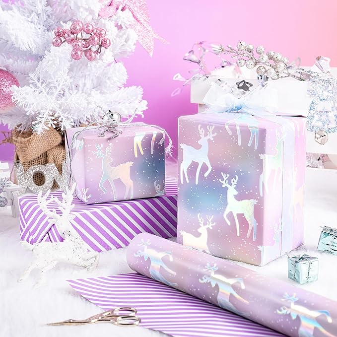 RUSPEPA Christmas Reversible Wrapping Paper Roll for Girls, Mini Roll, Colorful Foil Pastel Reindeer Design and Purple Stripes, Dreamy Gift Wrap for Christmas Gifts, Holiday, 17 Inches x 32.8 Feet