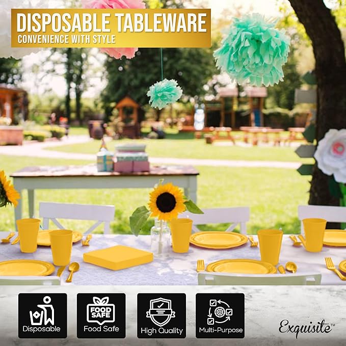 Party Solids 350 Pieces Yellow Plastic Plates For Party, Yellow Disposable Plates Set, 50 Of Each 9" Dinner Plate Set, 7" Dessert Plate, Cups, Napkins & Cutlery Plastic Dinnerware